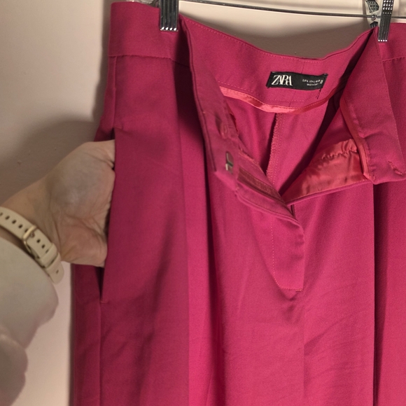 ZARA Hot Pink Berry Wide Leg Trouser Pants Size Large High Waist - Picture 3 of 8